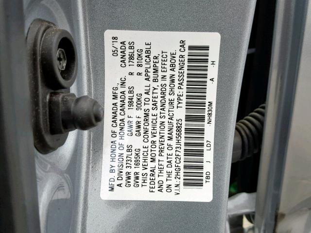 2HGFC2F73JH568825 - 2018 HONDA CIVIC EX SILVER photo 10