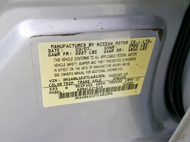 3N1AB61E27L681306 - 2007 NISSAN SENTRA 2.0 SILVER photo 10