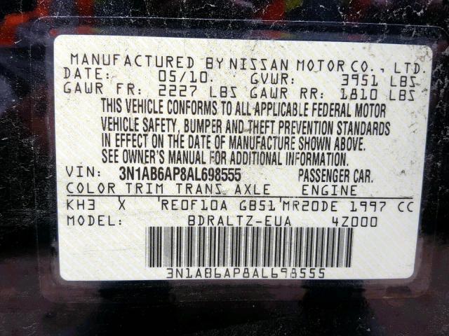 3N1AB6AP8AL698555 - 2010 NISSAN SENTRA 2.0 BLACK photo 10