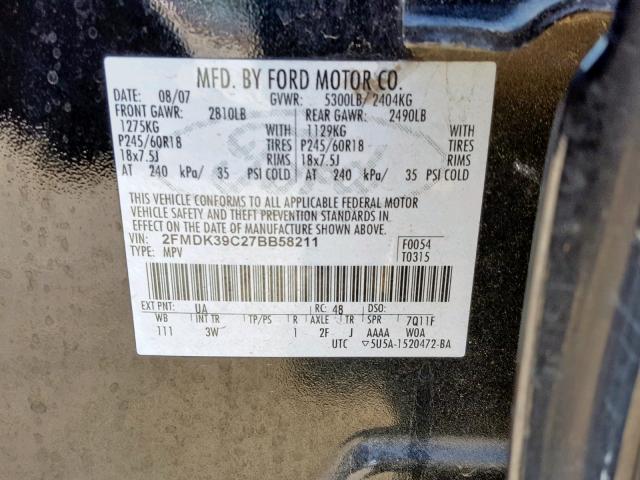 2FMDK39C27BB58211 - 2007 FORD EDGE SEL P BLACK photo 10