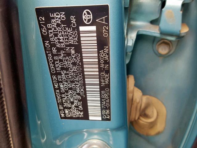 JTDKDTB30C1012962 - 2012 TOYOTA PRIUS C TEAL photo 10