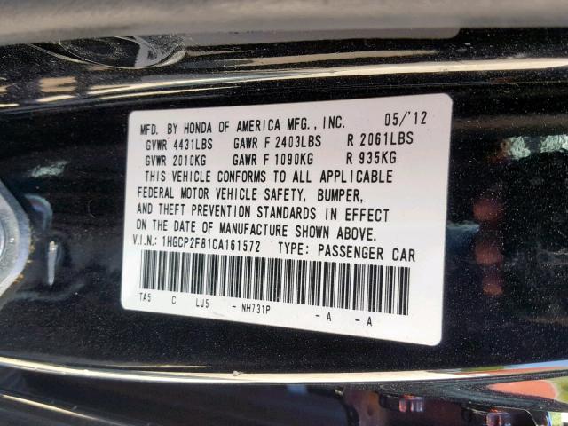 1HGCP2F81CA161572 - 2012 HONDA ACCORD EXL BLACK photo 10