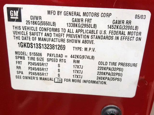 1GKDS13S132381269 - 2003 GMC ENVOY RED photo 10