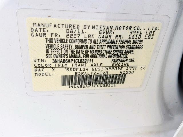 3N1AB6AP1CL632111 - 2012 NISSAN SENTRA 2.0 WHITE photo 10