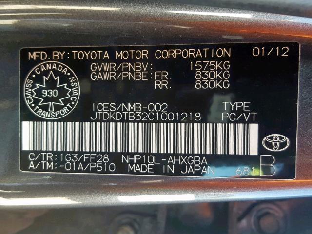 JTDKDTB32C1001218 - 2012 TOYOTA PRIUS C GRAY photo 10