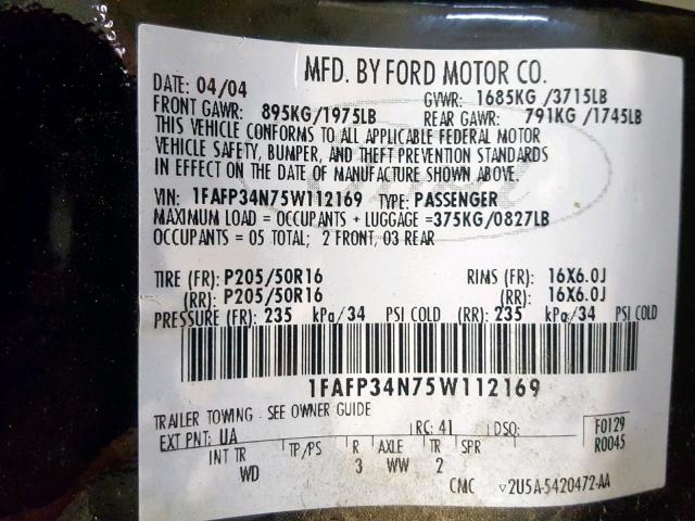 1FAFP34N75W112169 - 2005 FORD FOCUS ZX4 BLACK photo 10