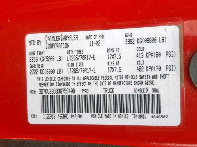 3D7KU28D33G759408 - 2003 DODGE RAM 2500 S Qırmızı foto 10