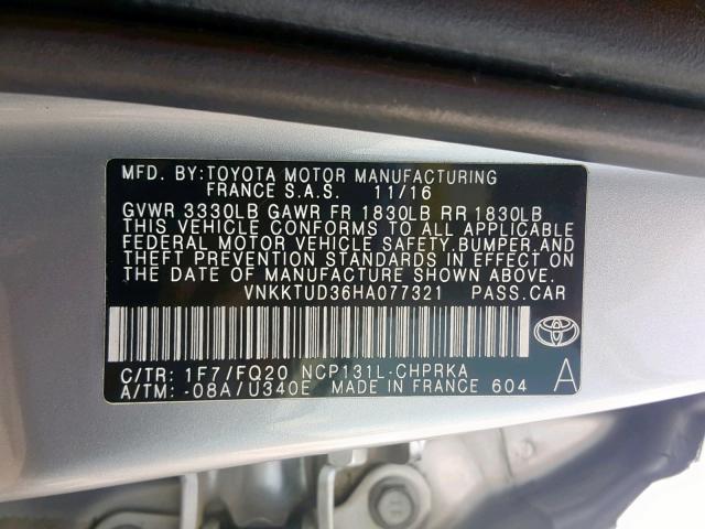 VNKKTUD36HA077321 - 2017 TOYOTA YARIS L SILVER photo 10