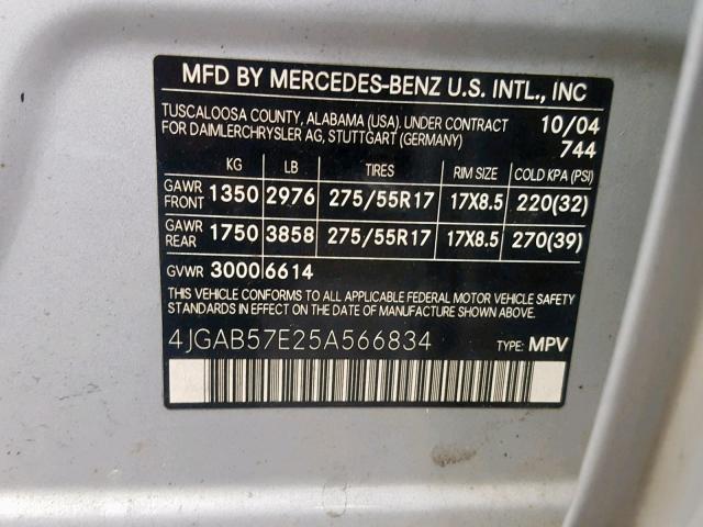 4JGAB57E25A566834 - 2005 MERCEDES-BENZ ML 350 GRAY photo 10