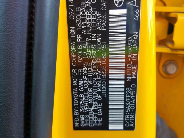 JTDKDTB32E1082451 - 2014 TOYOTA PRIUS C YELLOW photo 10