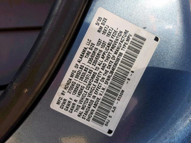 5FNRL38465B098788 - 2005 HONDA ODYSSEY EX BLUE photo 10