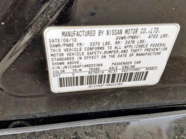 JN1CV6AP1AM202369 - 2010 INFINITI G37 BASE BLACK photo 10