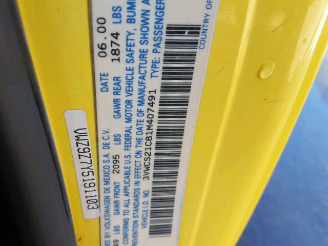 3VWCS21C81M407491 - 2001 VOLKSWAGEN NEW BEETLE Sarı foto 10