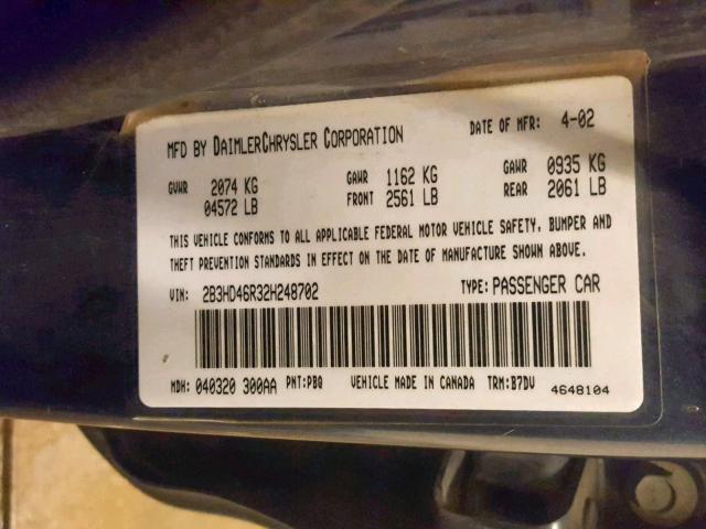 2B3HD46R32H248702 - 2002 DODGE INTREPID S ლურჯი ფოტო 10