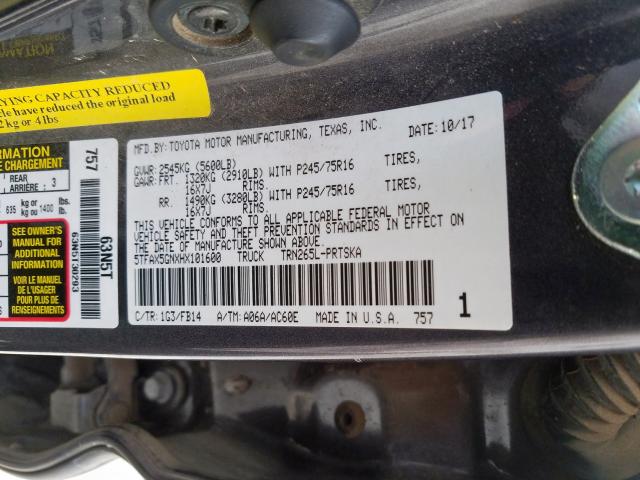 5TFAX5GNXHX101600 - 2017 TOYOTA TACOMA DOUBLE CAB  照片 10