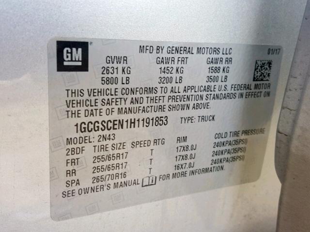 1GCGSCEN1H1191853 - 2017 CHEVROLET COLORADO L SILVER photo 10