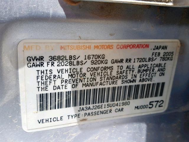 JA3AJ26E15U041980 - 2005 MITSUBISHI LANCER ES SILVER photo 10