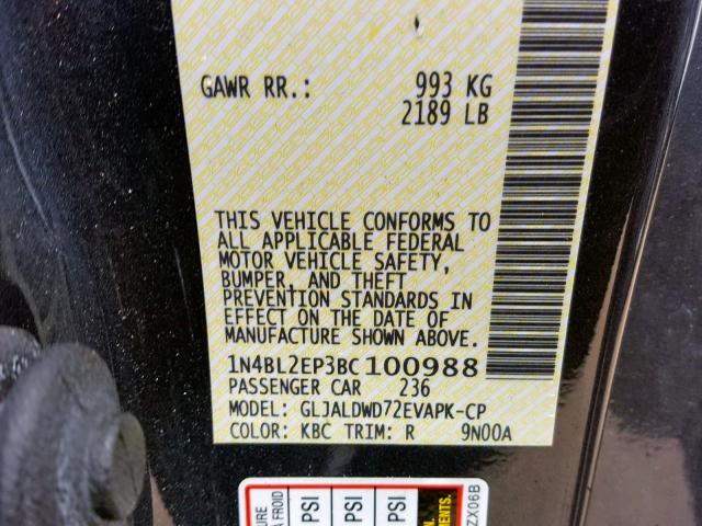 1N4BL2EP3BC100988 - 2011 NISSAN ALTIMA SR GRAY photo 10