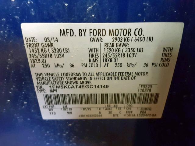 1FM5K8AT4EGC14149 - 2014 FORD EXPLORER P BLUE photo 10