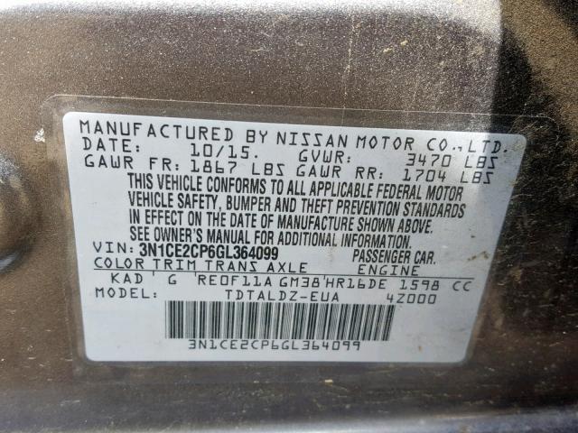 3N1CE2CP6GL364099 - 2016 NISSAN VERSA NOTE GRAY photo 10