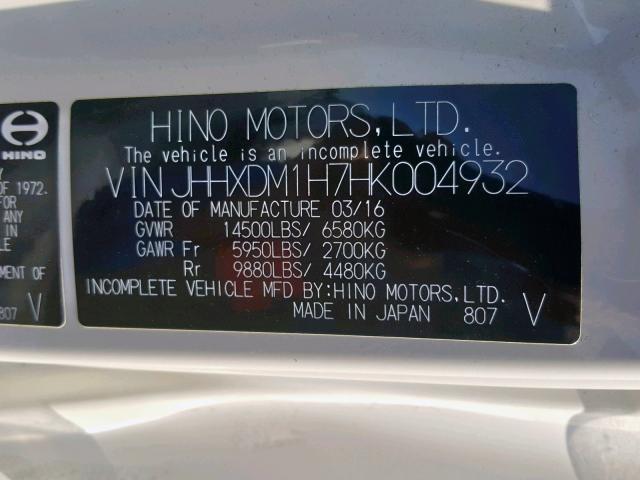 JHHXDM1H7HK004932 - 2017 HINO 155 WHITE photo 10