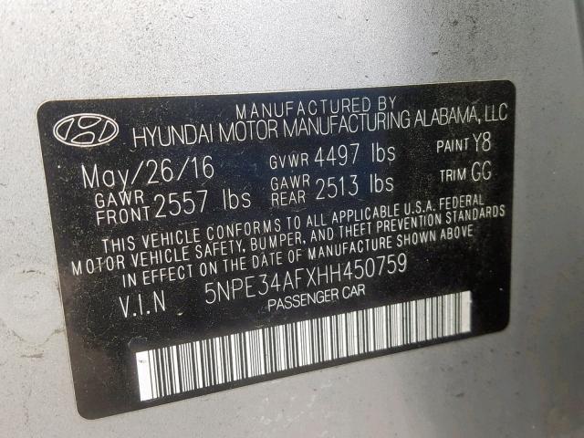 5NPE34AFXHH450759 - 2017 HYUNDAI SONATA SPO SILVER photo 10