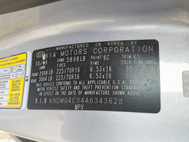 KNDMG4C34A6343628 - 2010 KIA SEDONA LX SILVER photo 10