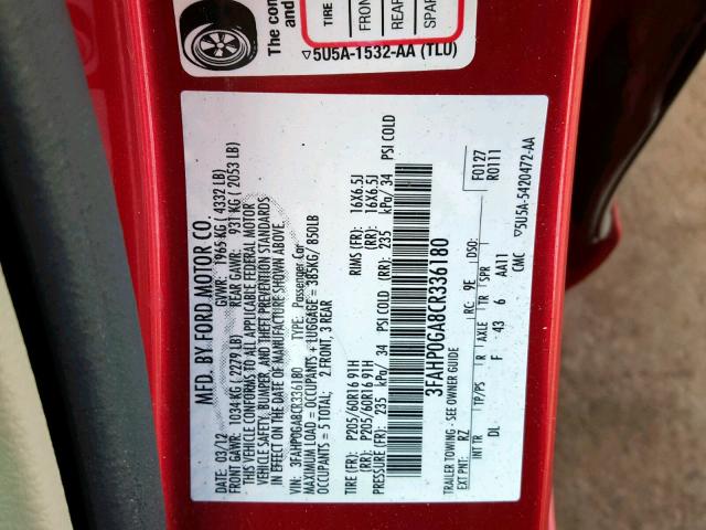 3FAHP0GA8CR336180 - 2012 FORD FUSION S RED photo 10