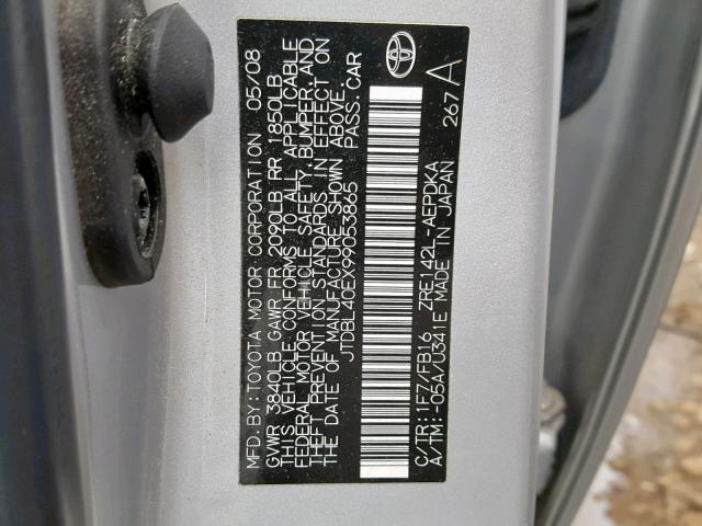 JTDBL40EX99053865 - 2009 TOYOTA COROLLA BA SILVER photo 10