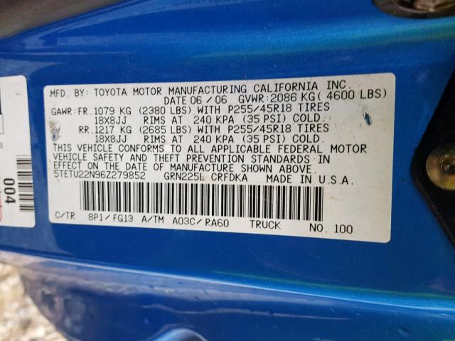 5TETU22N96Z279852 - 2006 TOYOTA TACOMA X-R BLUE photo 10