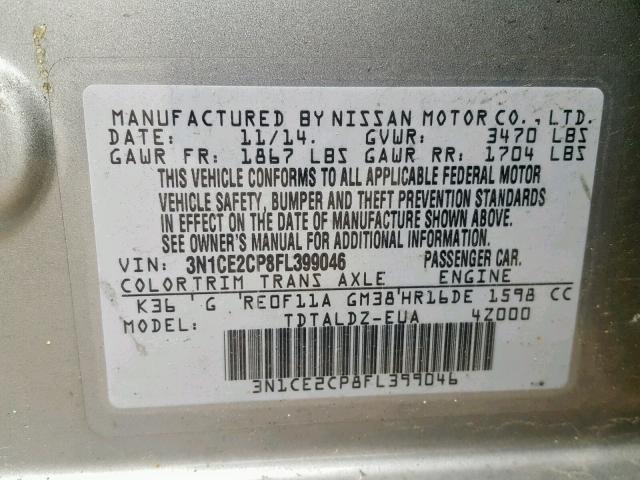 3N1CE2CP8FL399046 - 2015 NISSAN VERSA NOTE GRAY photo 10