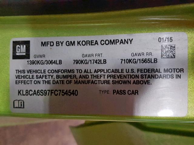 KL8CA6S97FC754540 - 2015 CHEVROLET SPARK LS GREEN photo 10