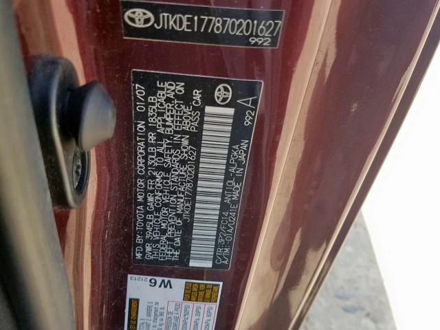 JTKDE177870201627 - 2007 TOYOTA SCION TC BURGUNDY photo 10