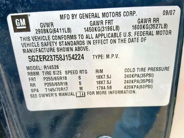 5GZER23758J154224 - 2008 SATURN OUTLOOK XR ლურჯი ფოტო 10