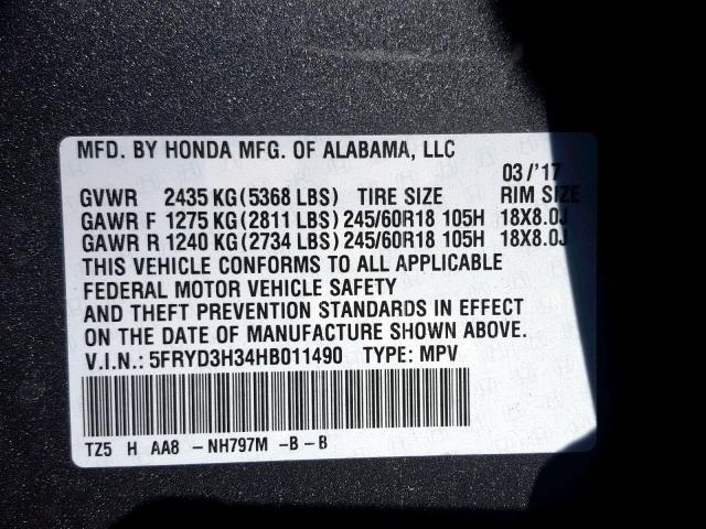 5FRYD3H34HB011490 - 2017 ACURA MDX CHARCOAL photo 10