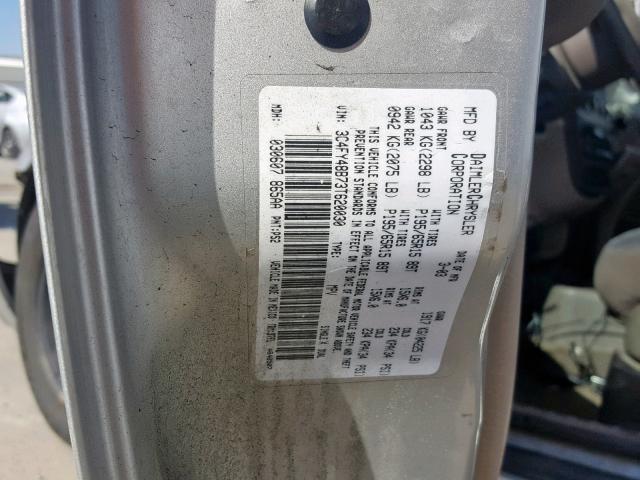 3C4FY48B73T620030 - 2003 CHRYSLER PT CRUISER SILVER photo 10