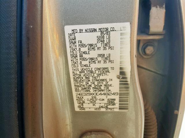 1N6ED29XX3C448249 - 2003 NISSAN FRONTIER C GRAY photo 10