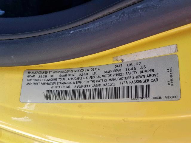 3VWPG31C28M503121 - 2008 VOLKSWAGEN NEW BEETLE Դեղին լուսանկար 10