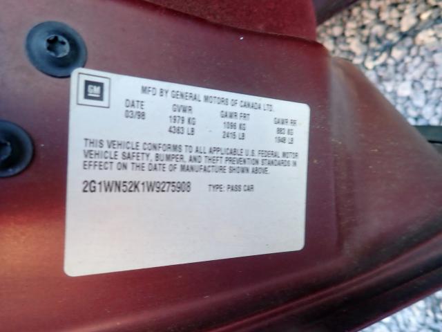 2G1WN52K1W9275908 - 1998 CHEVROLET LUMINA LTZ BURGUNDY photo 10