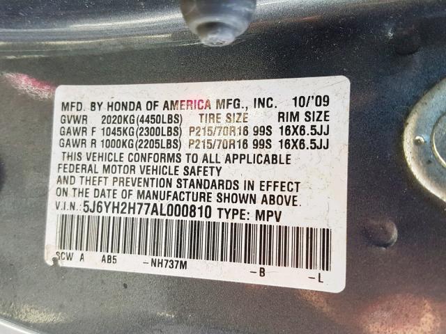 5J6YH2H77AL000810 - 2010 HONDA ELEMENT EX GRAY photo 10