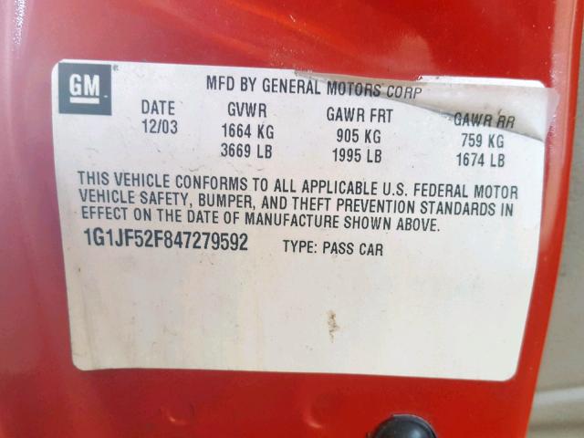 1G1JF52F847279592 - 2004 CHEVROLET CAVALIER L RED photo 10