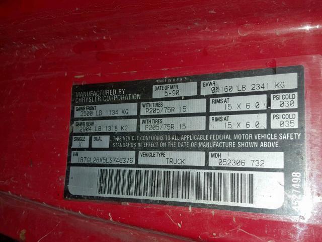 1B7GL26X5LS746376 - 1990 DODGE DAKOTA RED photo 10