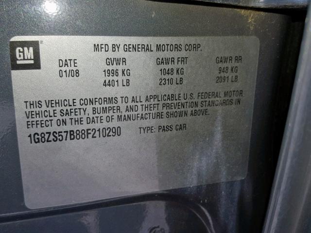 1G8ZS57B88F210290 - 2008 SATURN AURA XE GRAY photo 10