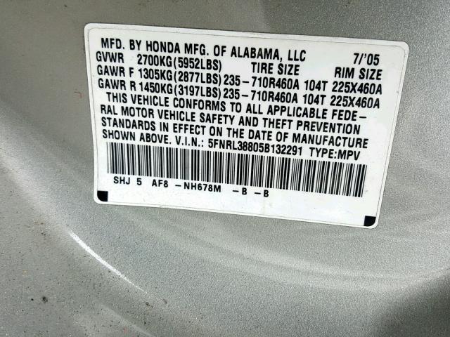 5FNRL38805B132291 - 2005 HONDA ODYSSEY TO SILVER photo 10