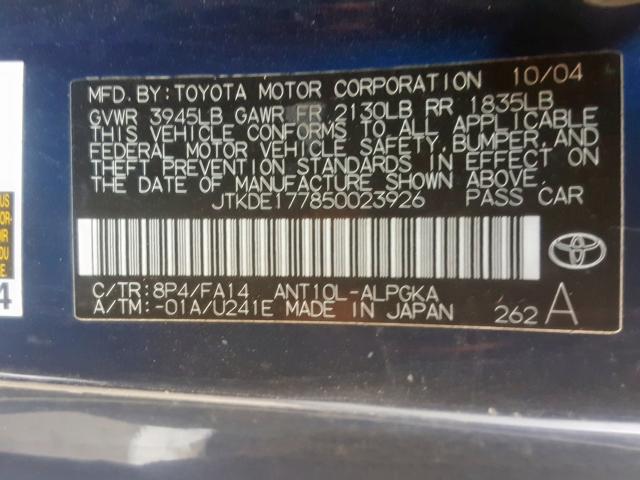JTKDE177850023926 - 2005 TOYOTA SCION TC  ფოტო 10