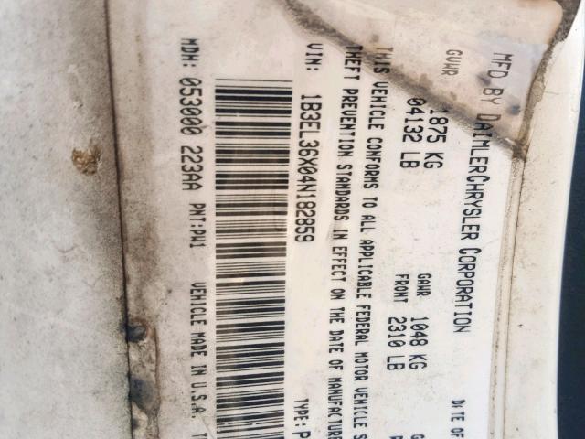 1B3EL36X04N182859 - 2004 DODGE STRATUS SE WHITE photo 10