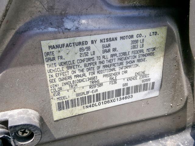 1N4DL01D6XC134603 - 1999 NISSAN ALTIMA XE GRAY photo 10