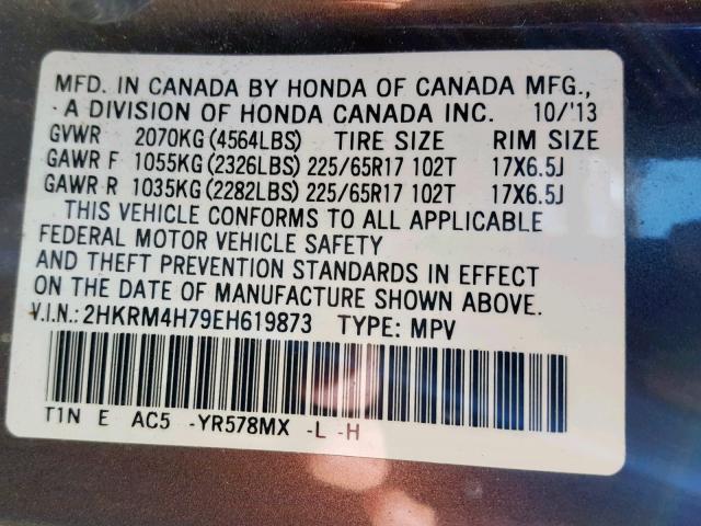 2HKRM4H79EH619873 - 2014 HONDA CR-V EXL BROWN photo 10