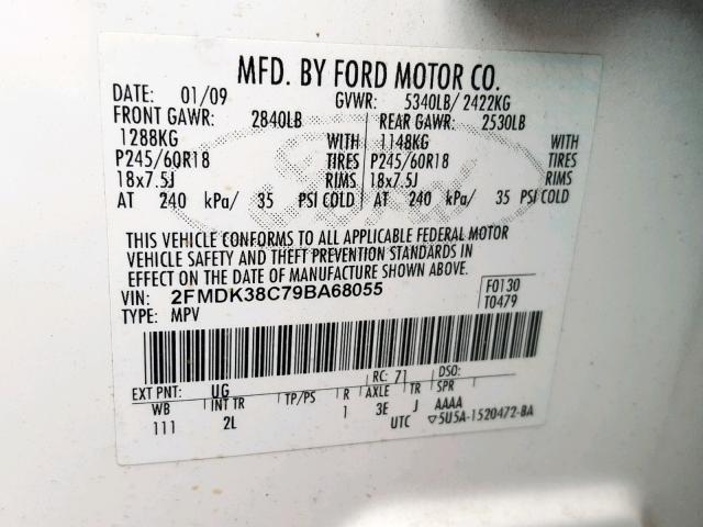 2FMDK38C79BA68055 - 2009 FORD EDGE SEL WHITE photo 10