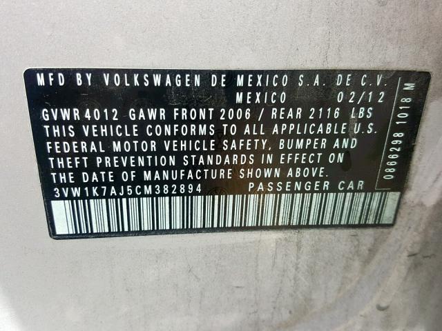 3VW1K7AJ5CM382894 - 2012 VOLKSWAGEN JETTA BASE SILVER photo 10